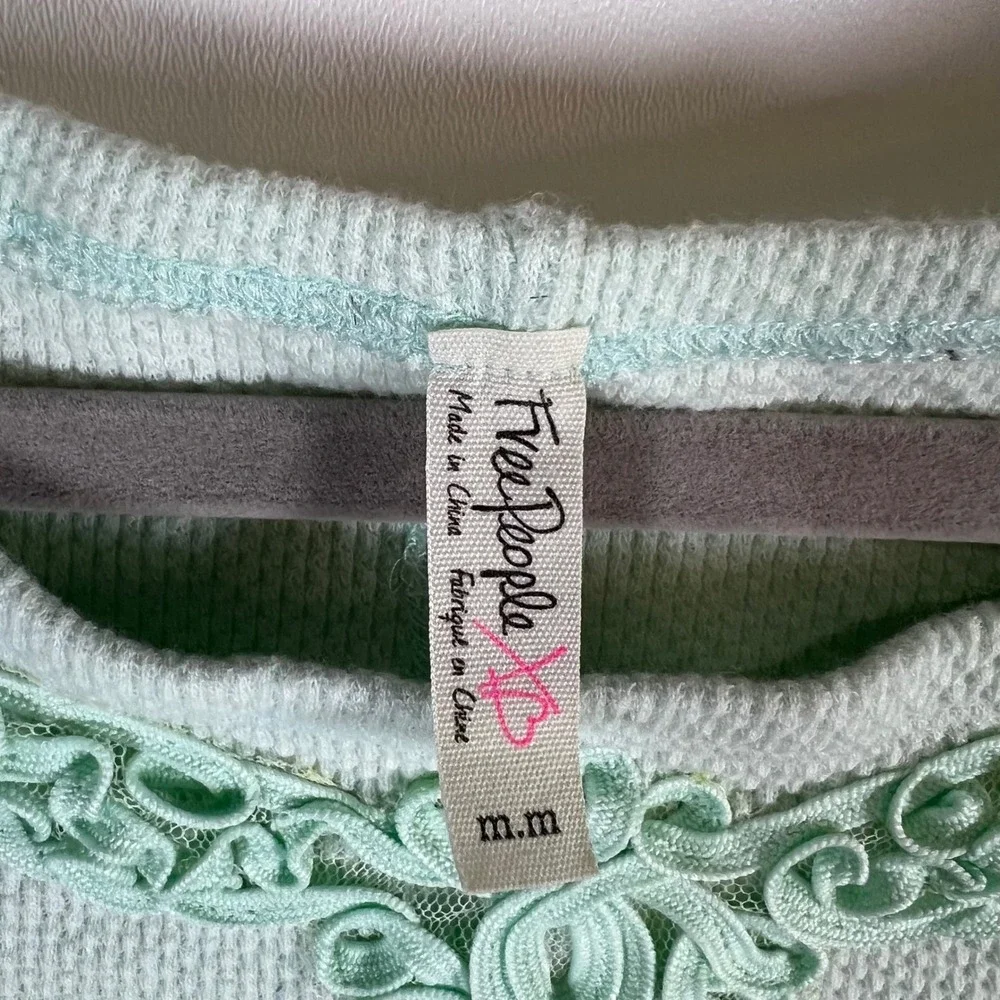 Free People Mint Green Thermal Waffle Knit Soutache Applique Top‎ Medium Boho